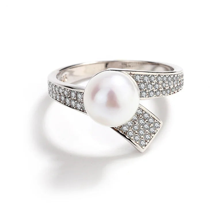 Women's jewelry 925 sterling silver diamond set cultured pearl ring