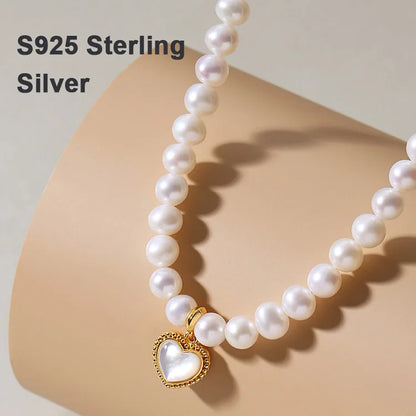 Original natural freshwater white pearl beaded 925 sterling silver chain love heart shape pendant women choker necklace