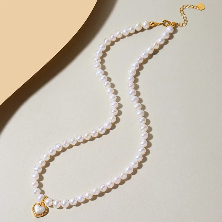 Original natural freshwater white pearl beaded 925 sterling silver chain love heart shape pendant women choker necklace