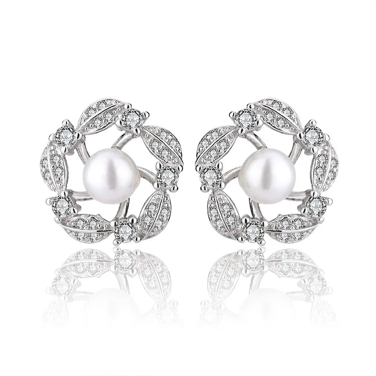 Wholesale woman fashion chain 925 sterling silver minimalist necklace and pearl pendant stud earrings jewelry set