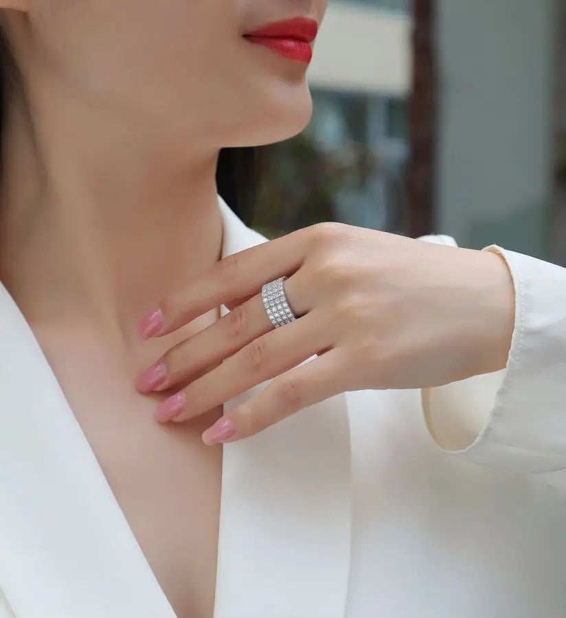 JEWELLER BUY 1pc Radiant 4-Row Moissanite Ring - 925 Sterling Silver Men's Engagement and Wedding Band - Hypoallergenic