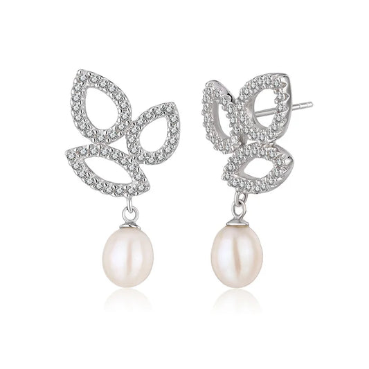 Cubic zirconi crystal diamond dangle drop 925 sterling silver freshwater cultured pearl earrings