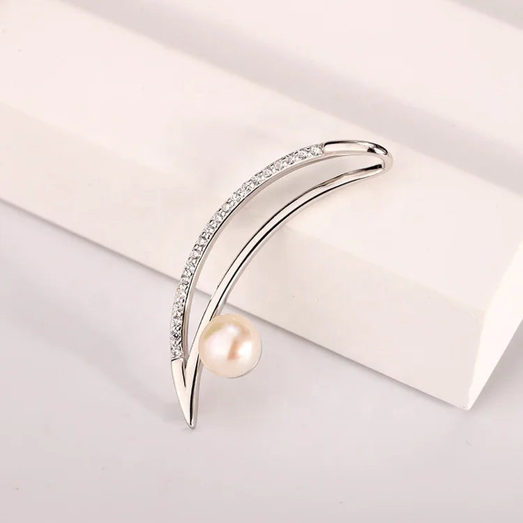 Custom diamond crescent moon 925 sterling silver freshwater pearl long pendant necklace