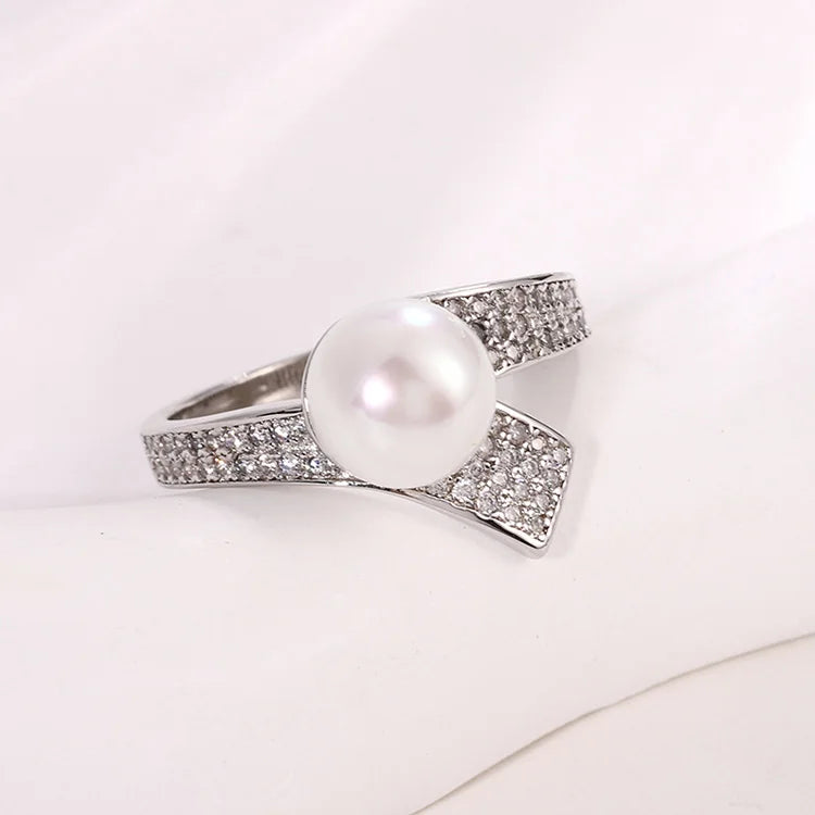 Women's jewelry 925 sterling silver diamond set cultured pearl ring