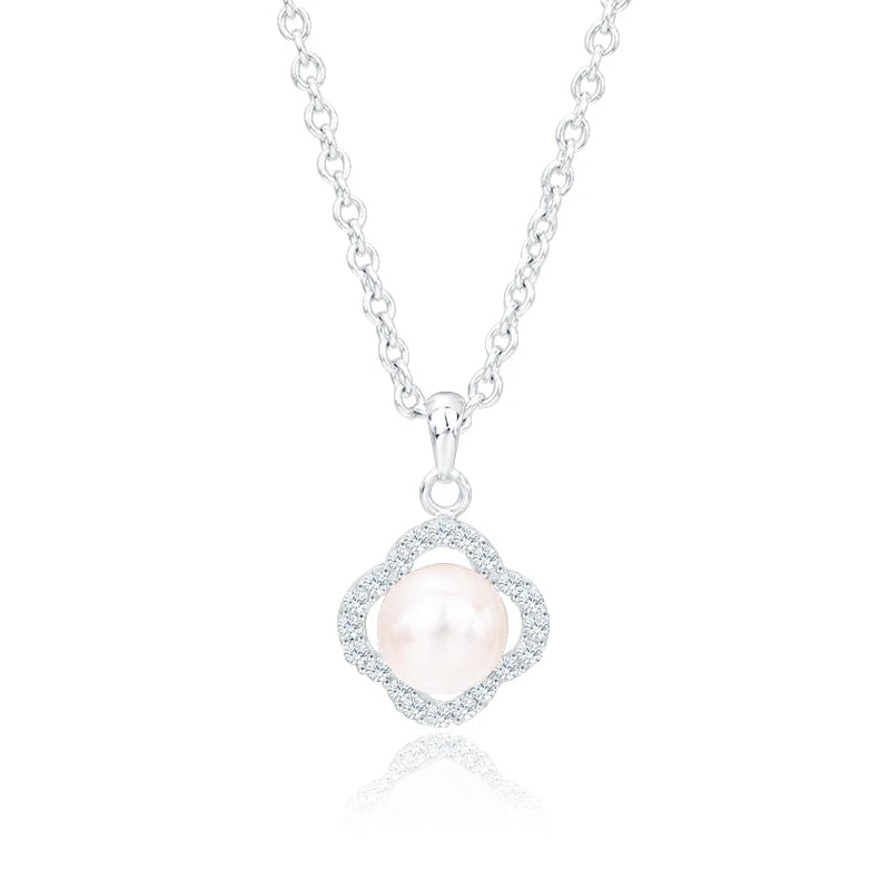 925 sterling silver necklace 4 leaf clover shaped freshwater single pearl pendant with diamond setting