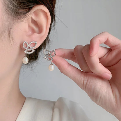 Cubic zirconi crystal diamond dangle drop 925 sterling silver freshwater cultured pearl earrings