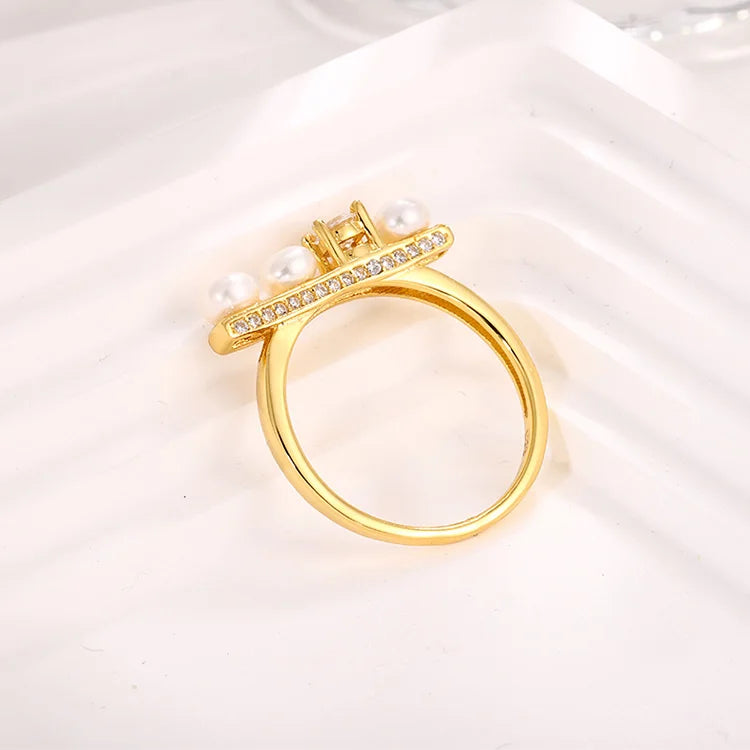 Ladies diamond gold plated sterling silver ring wedding ring with three pearls for women