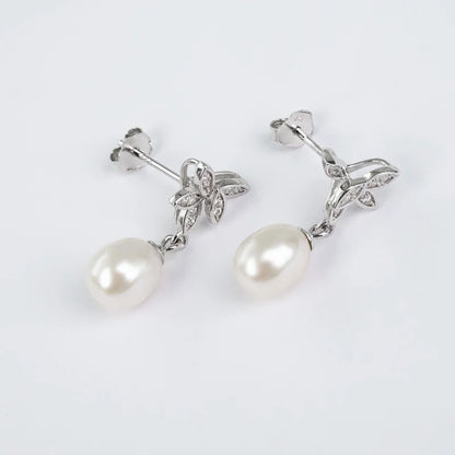 Zirconia fashion statement 925 sterling silver flower freshwater pearl dangle drop earrings with small zircon
