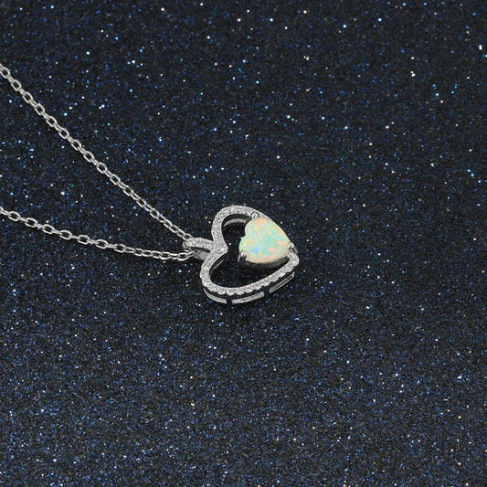 Trendy Heart mom silver cz necklace hollowed out design gift lover birth stone opal pendant 925 silver