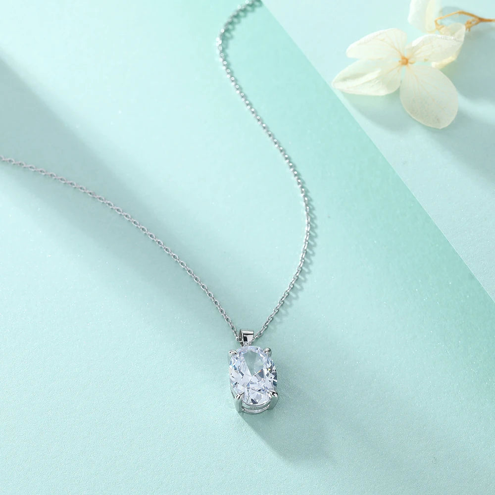Classic Oval Cut 9*13mm Cubic Zirconia Gemstone Pendant Prong Setting Real Silver Necklaces for Women