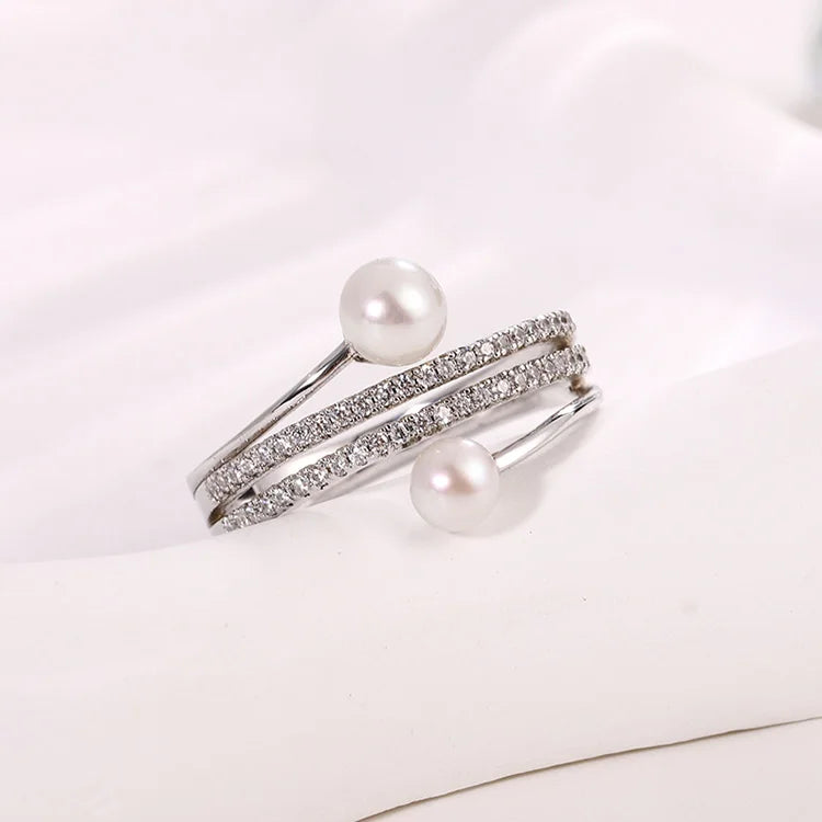 Elegant fashion zircon diamond-set 925 sterling silver women ring with 2 pearls