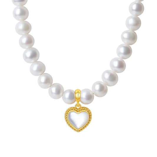 Original natural freshwater white pearl beaded 925 sterling silver chain love heart shape pendant women choker necklace