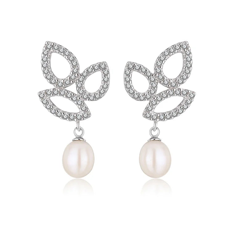 Cubic zirconi crystal diamond dangle drop 925 sterling silver freshwater cultured pearl earrings