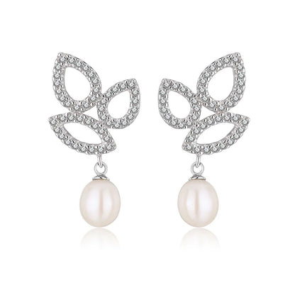 Cubic zirconi crystal diamond dangle drop 925 sterling silver freshwater cultured pearl earrings