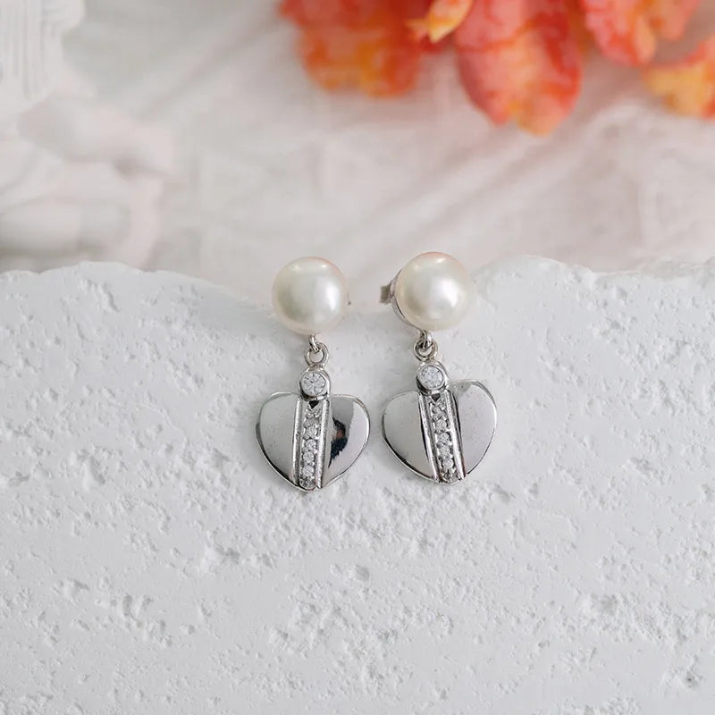 925 Sterling Silver Rhodium Plated Heart Freshwater Pearl pendant drop stud earrings Earrings for Women Wedding Party Gift