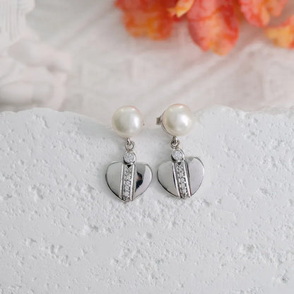 925 Sterling Silver Rhodium Plated Heart Freshwater Pearl pendant drop stud earrings Earrings for Women Wedding Party Gift