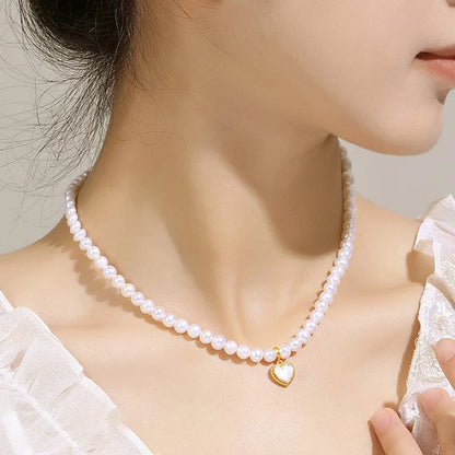 Original natural freshwater white pearl beaded 925 sterling silver chain love heart shape pendant women choker necklace
