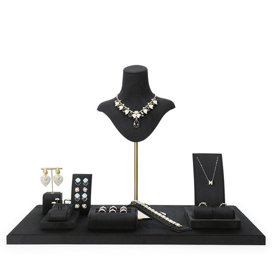 Black Velvet Jewelry Display Set - Complete Retail Stand with Bust, Earring, Ring & Bracelet Holders