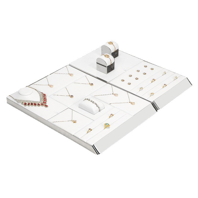 White PU Leather Jewelry Display Tray with Shiny Metal Frame - Modular Counter Organizer for Necklaces, Rings & Earrings