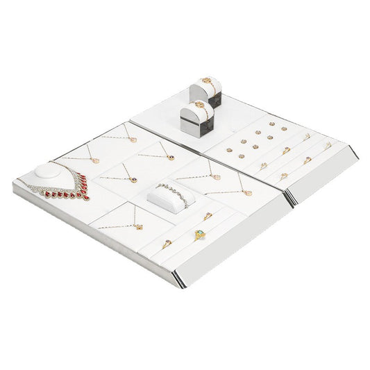 White PU Leather Jewelry Display Tray with Shiny Metal Frame - Modular Counter Organizer for Necklaces, Rings & Earrings