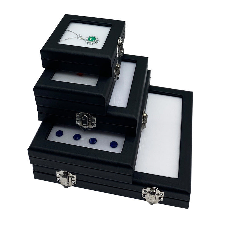 Black Leather Glass Gemstone Box with Lock