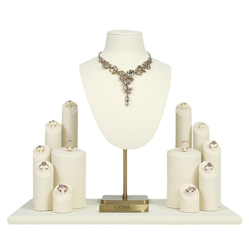 Cream White Velvet Jewelry Display Set with Gold Base - Complete Stand for Necklaces & Rings