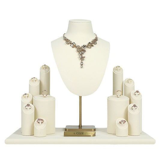 Cream White Velvet Jewelry Display Set with Gold Base - Complete Stand for Necklaces & Rings