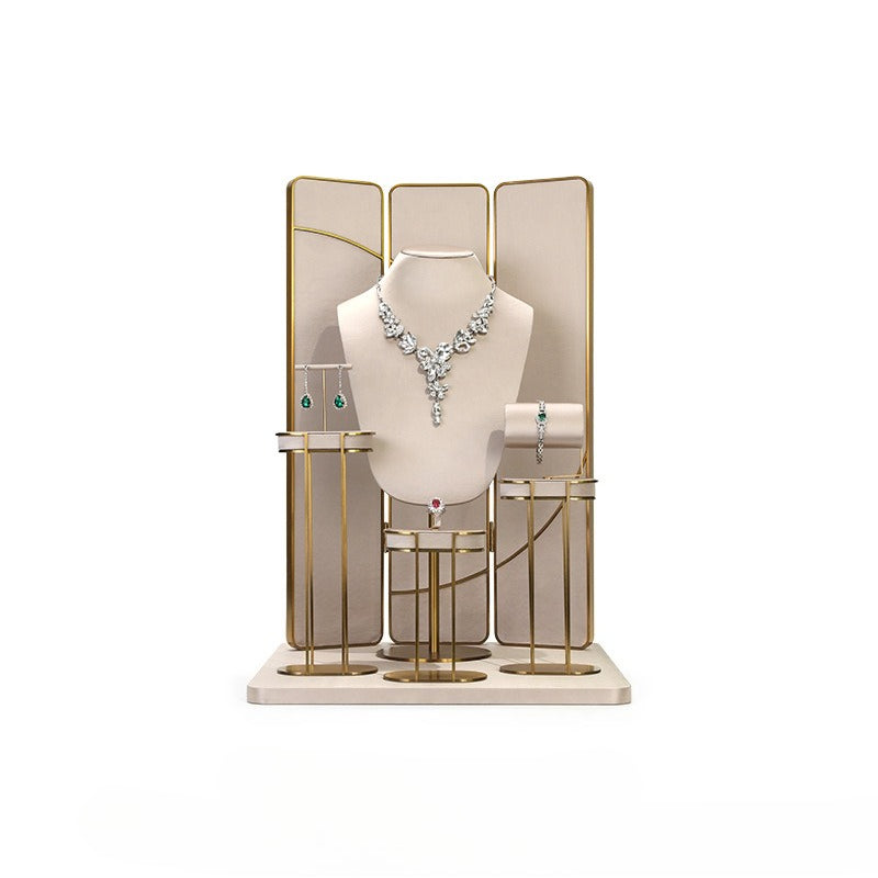 Beige Velvet Jewelry Display Set with Gold Metal Base - Complete Stand for Necklaces, Earrings, Rings & Bracelets