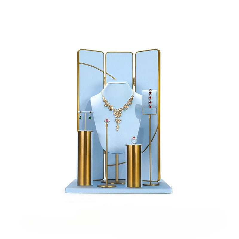 Light Blue & Gold Jewelry Display Set - Luxury Retail Stand with Necklace Bust, Earring & Ring Holders