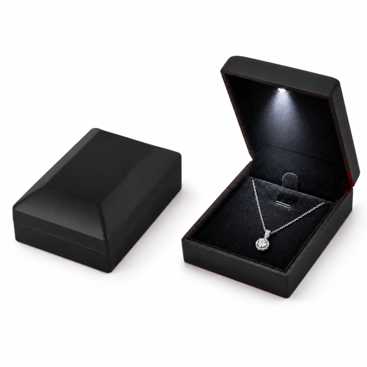 Premium black jewelry presentation box with LED lighting and refined rectangular silhouette