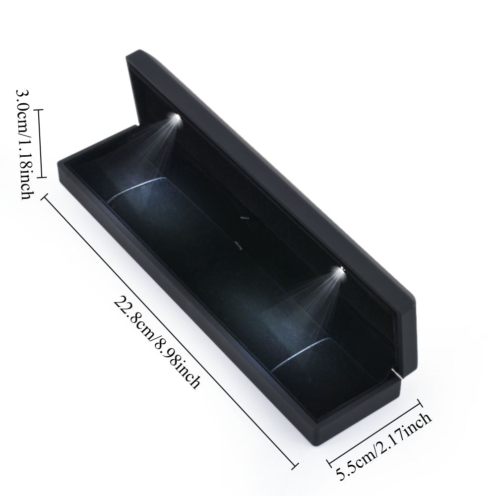 Open black LED light bracelet box with 22.8 by 5.5 by 3.0 cm dimensions