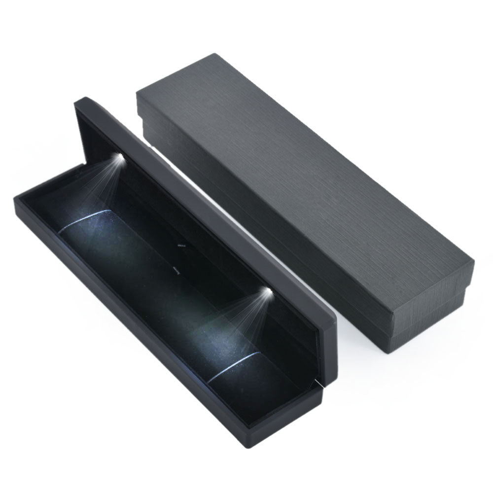 Open long black LED light bracelet box with matching outer gift box