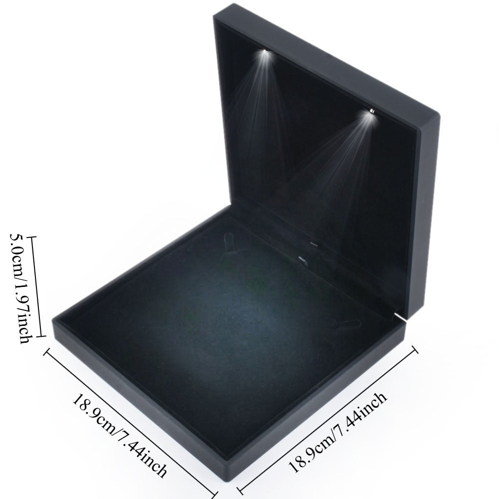 Large black LED light necklace box shown open with 18.9 by 18.9 by 5.0 cm dimensions