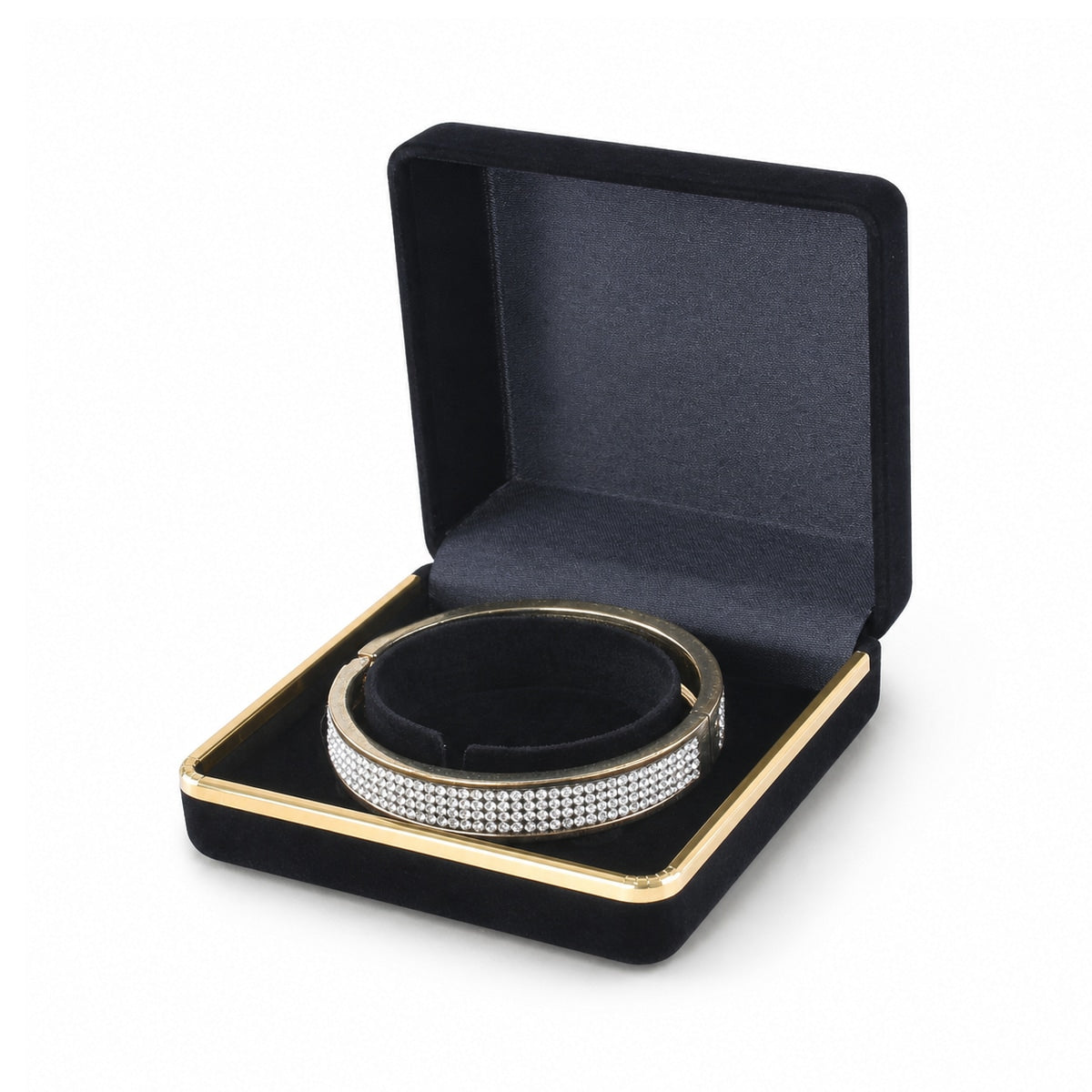 bracelet box - Black Flocked Bangle Boxes with Gold Trim - 12 Pack F02-BA-BK BK front view