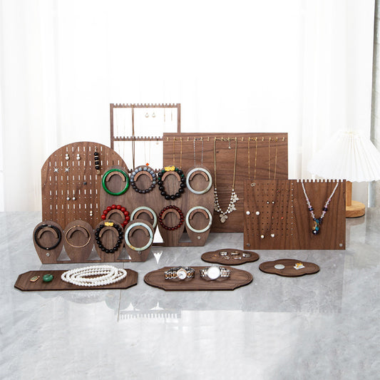 Custom walnut wood jewelry display set for bracelets, earrings, necklaces, and retail showcases