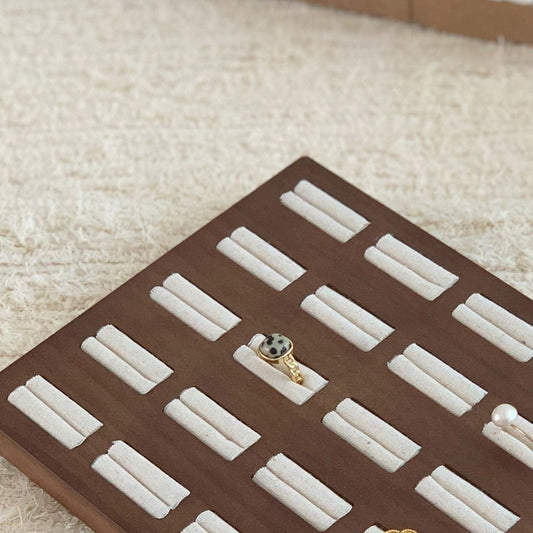 Walnut wood ring display tray with 25 slots for jewelry retail displays