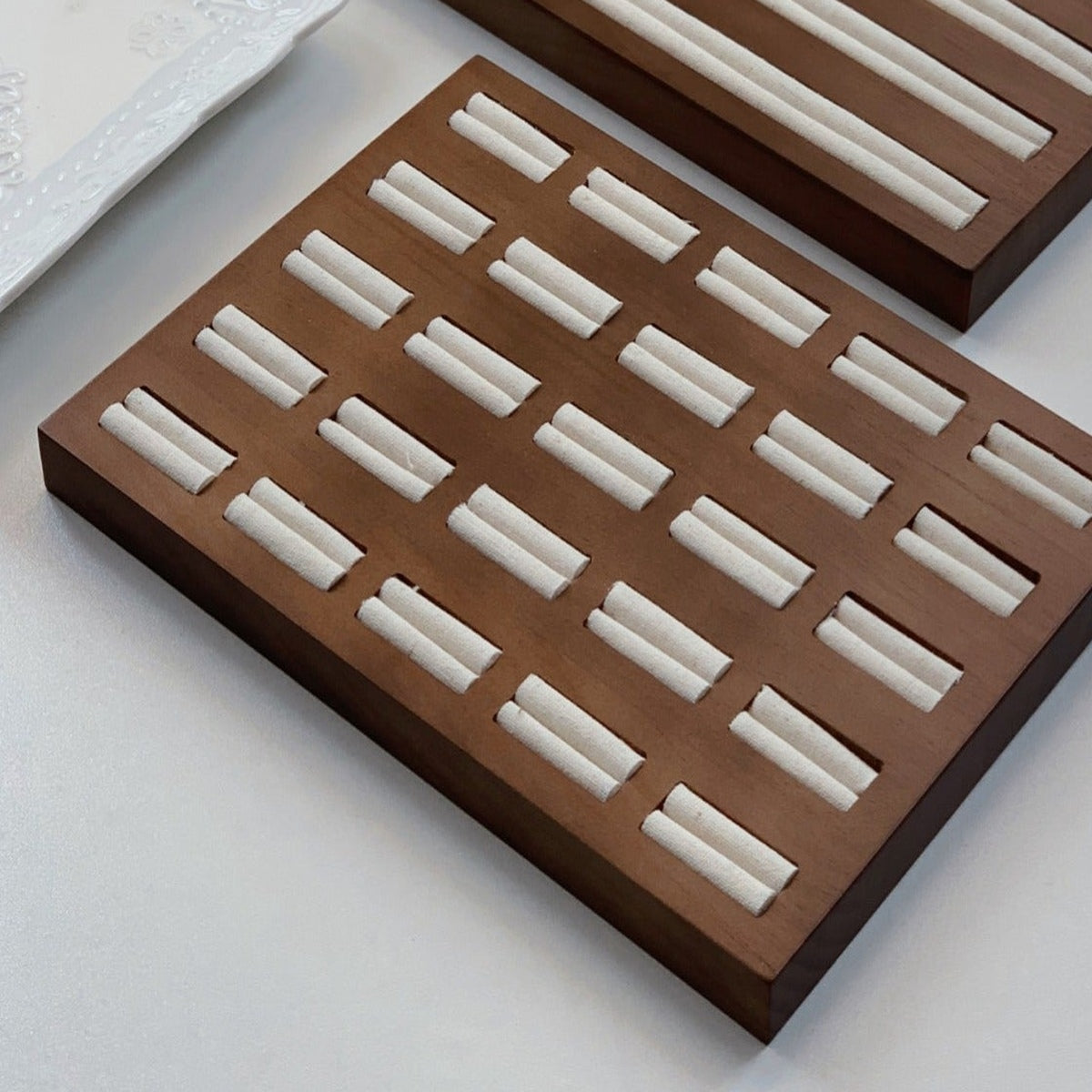Five row walnut wood ring display tray for custom jewelry presentation