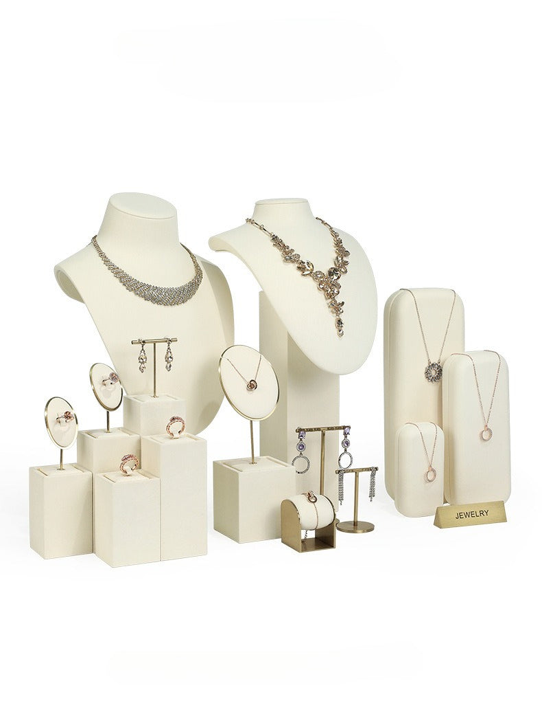 Beige Velvet Jewelry Display Set with Gold Metal Accents - Complete Retail Stand with Busts, Ring, Earring & Bracelet Holders