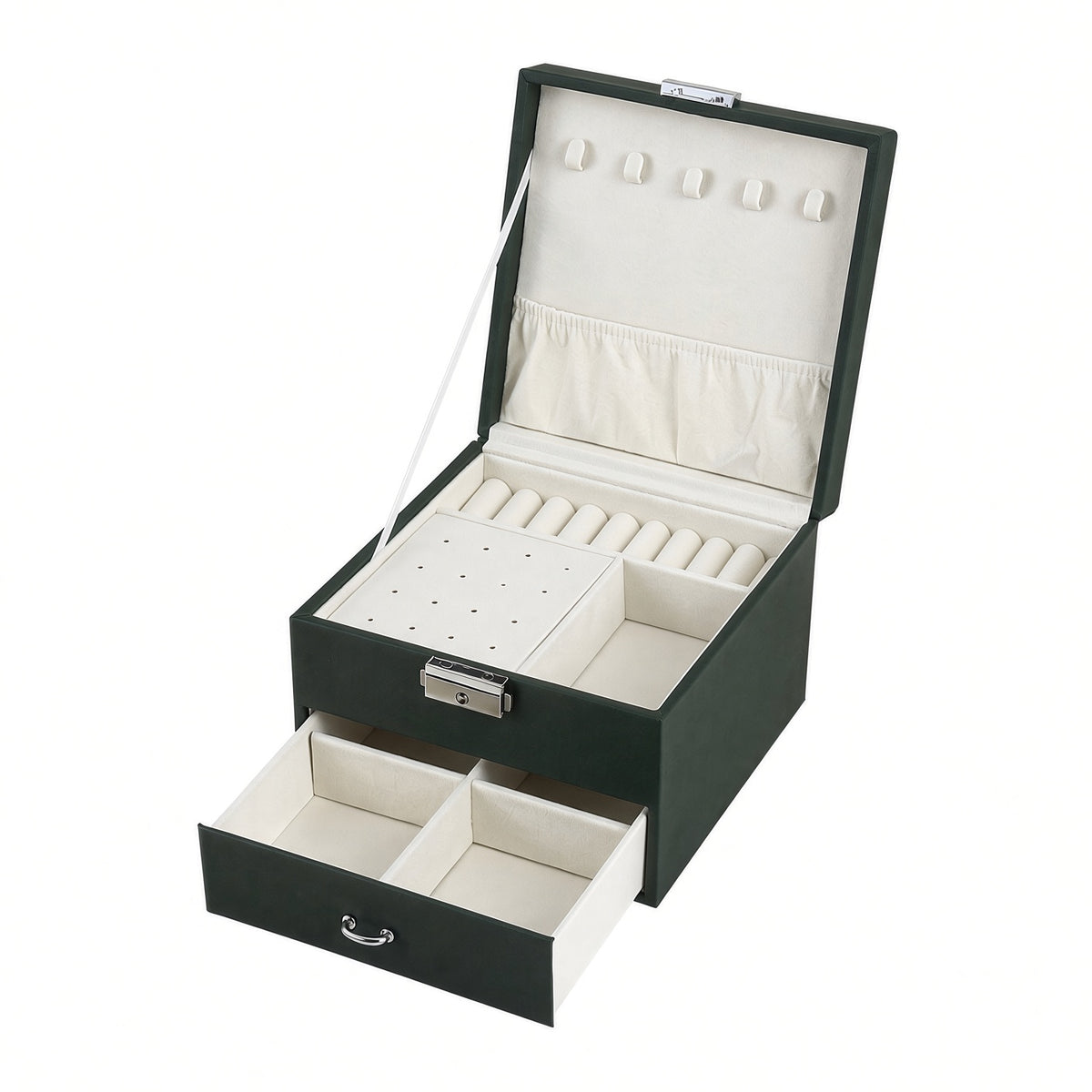 Dark green jewelry case with five necklace hooks and a divided drawer