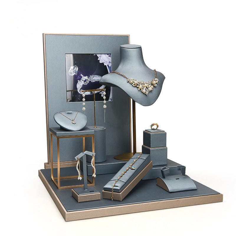 Gray Blue & Gold Jewelry Display Set - Luxury Retail Stand with Necklace Bust, Earring, Ring & Bracelet Holders