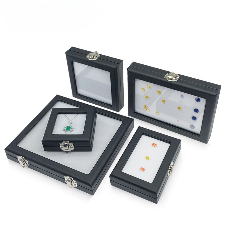 Black Leather Glass Gemstone Box with Lock