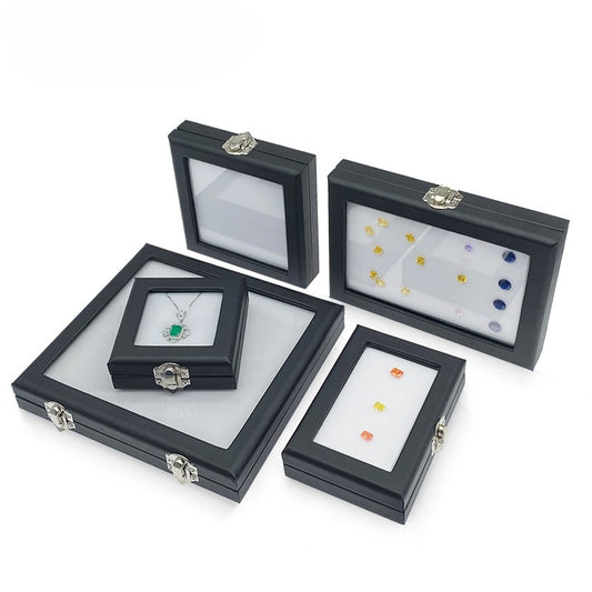 Black Leather Glass Gemstone Box with Lock