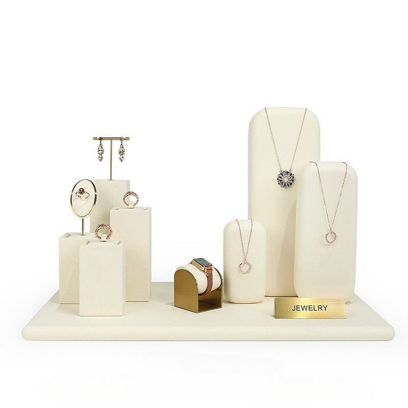 Beige Velvet Jewelry Display Set with Gold Metal Accents - Complete Retail Stand with Busts, Ring, Earring & Bracelet Holders