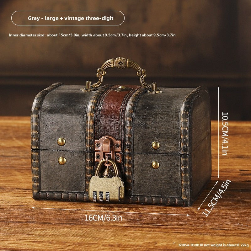 Distressed gray wooden chest with three-dial combination lock