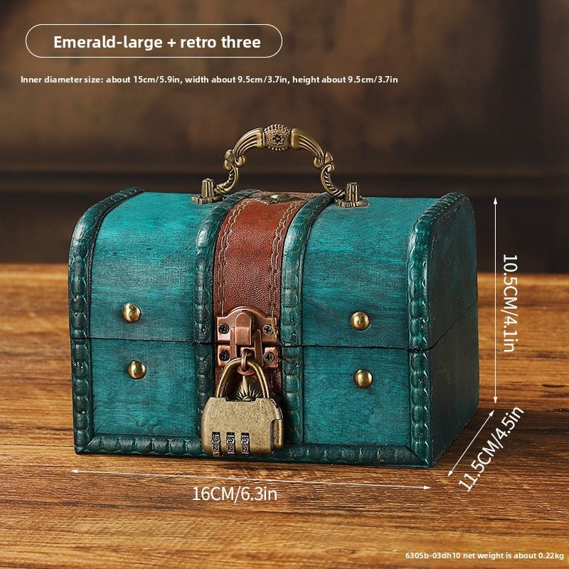 Distressed teal wooden chest with three-dial combination lock