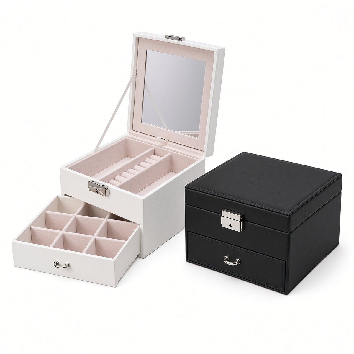 Jewelry box with drawer shown open in white beside a closed black box
