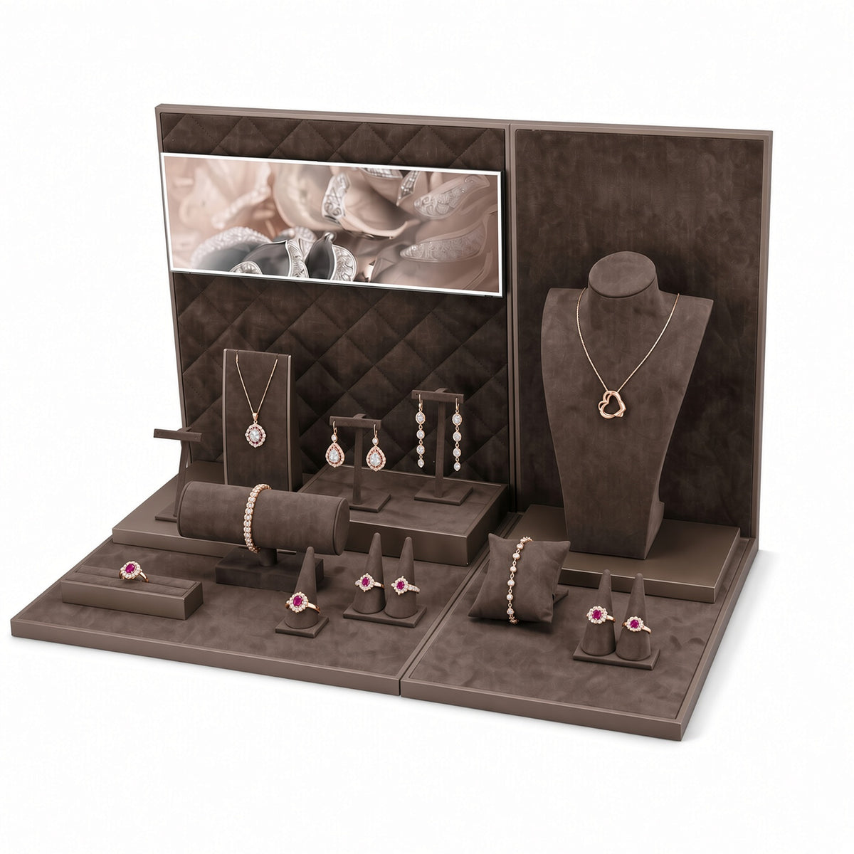 jewelry display - Custom Brown Quilted-Backdrop Jewelry Showcase Set CJD014 detail view