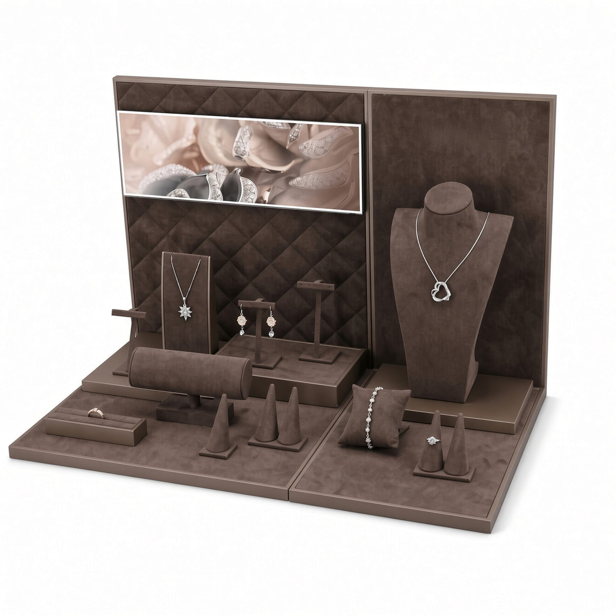 jewelry display - Custom Brown Quilted-Backdrop Jewelry Showcase Set CJD014 side view