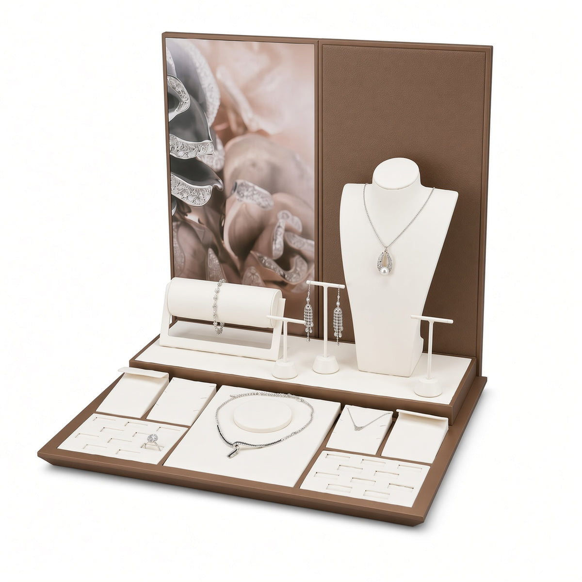 jewelry display - Custom Cream and Brown Jewelry Display Counter Set CJD012 side view