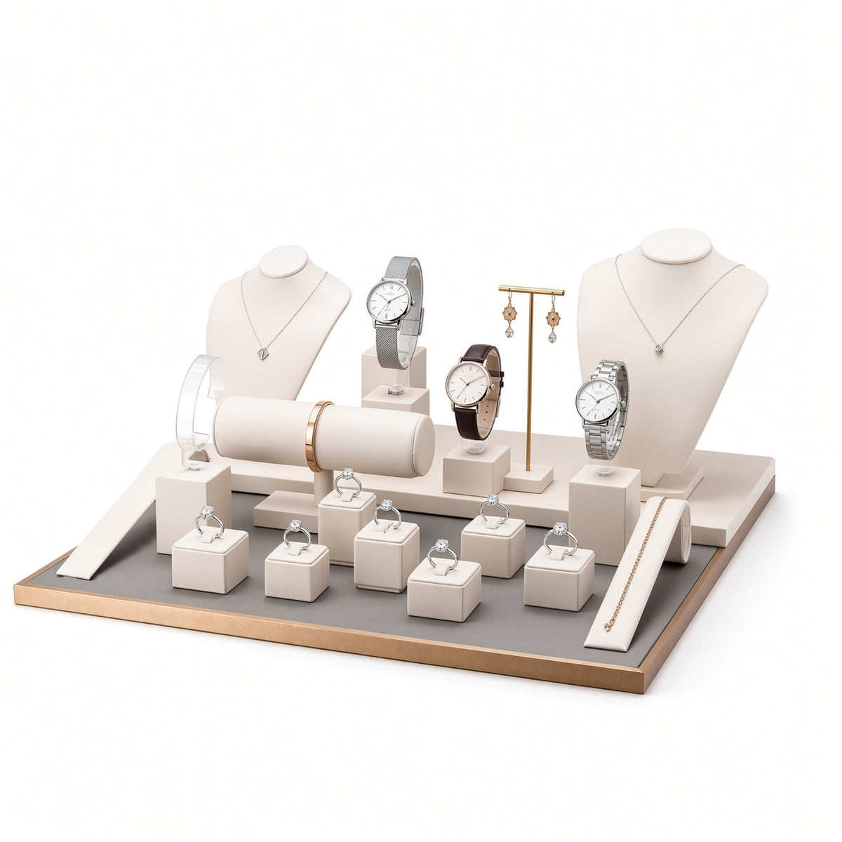 jewelry display - Custom Cream Gold Jewelry Showcase Display Set CJD028 open view